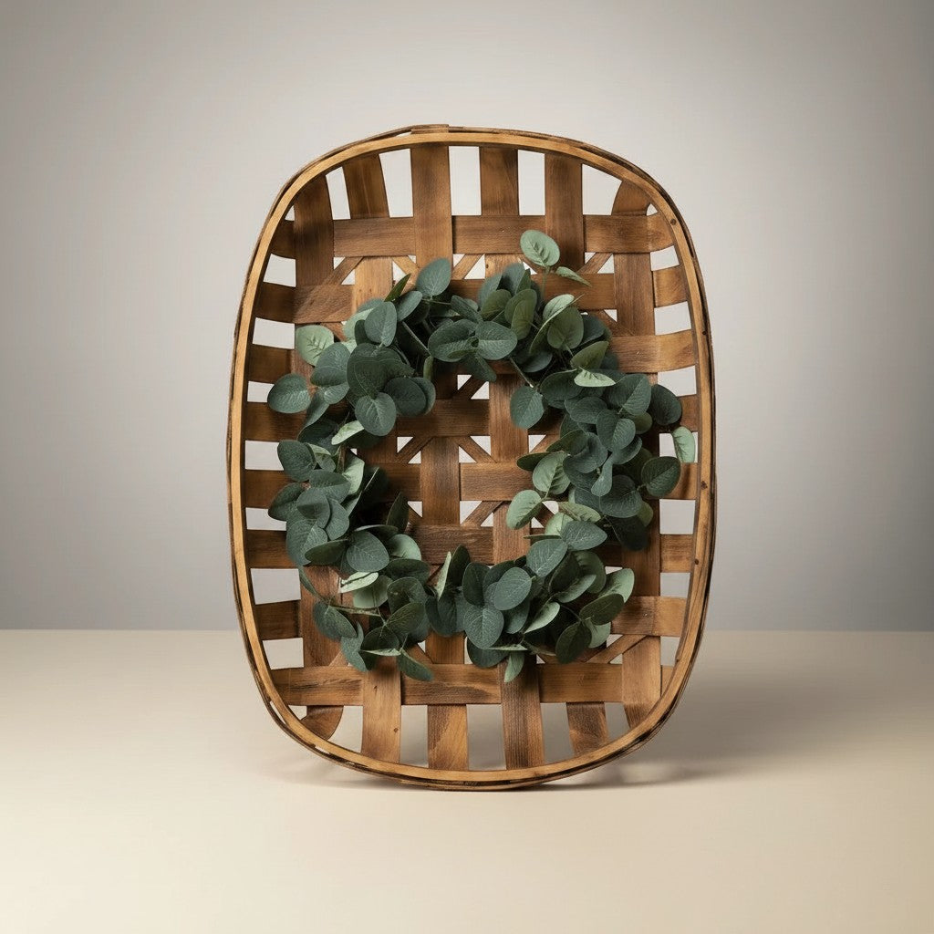 Doodlations Coffee Bar & Boutique handcrafted tobacco basket with greenery wreath. Rustic farmhouse decor.