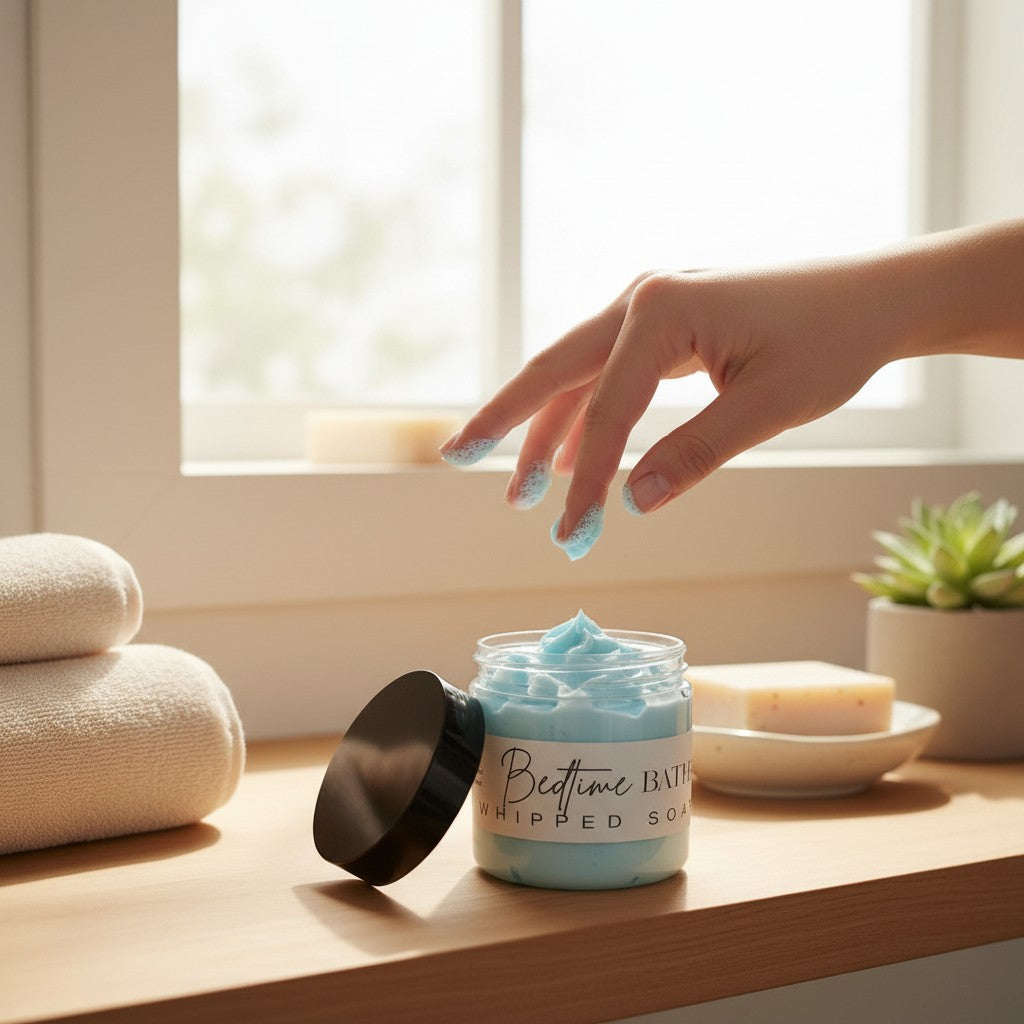 Doodlations Coffee Bar & Boutique Bedtime Bath Whipped Soap in a blue jar with a hand scooping the light blue cream.