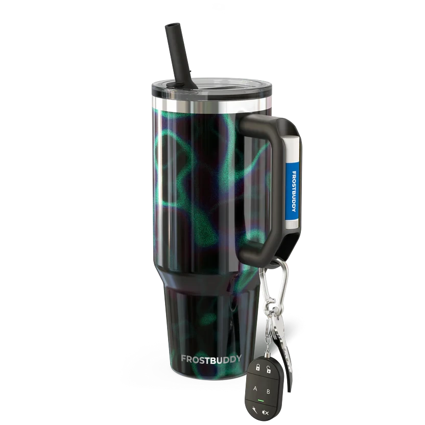 Doodlations Coffee Bar & Boutique 40oz Thicc Buddy tumbler in black with a green nebula pattern and black handle.