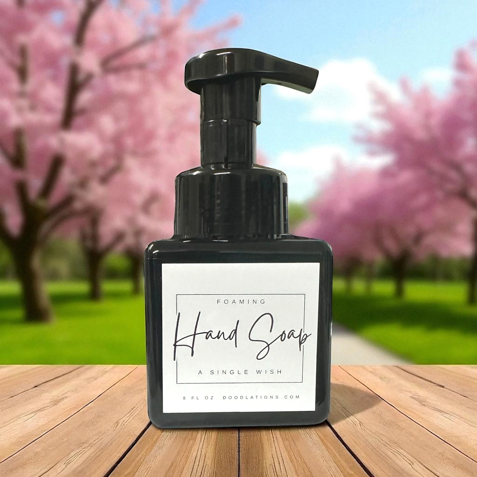 Doodlations Coffee Bar & Boutique A Single Wish foaming hand soap in a black bottle with a white label.