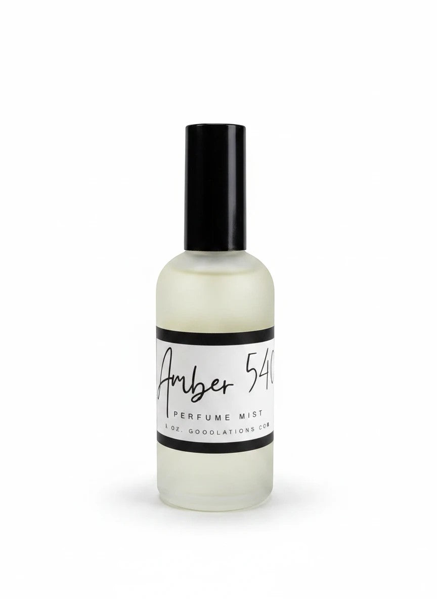 Doodlations Coffee Bar & Boutique Amber 540 fine mist perfume in a sleek frosted glass bottle with black cap