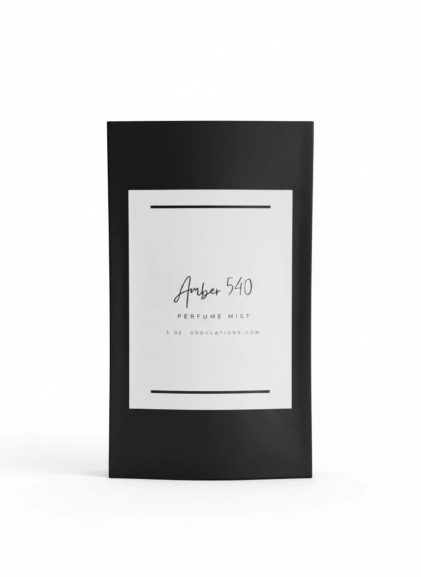 Doodlations Coffee Bar & Boutique Amber 540 fine mist perfume in a sleek black 5-ounce pouch with minimalist label.