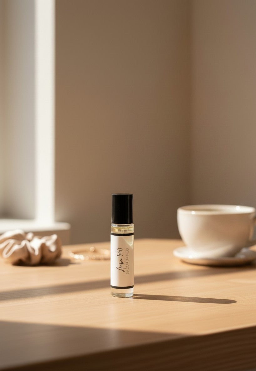 Doodlations Coffee Bar & Boutique Amber 540 luxury roll-on perfume in a glass bottle on a wooden table with a coffee cup.