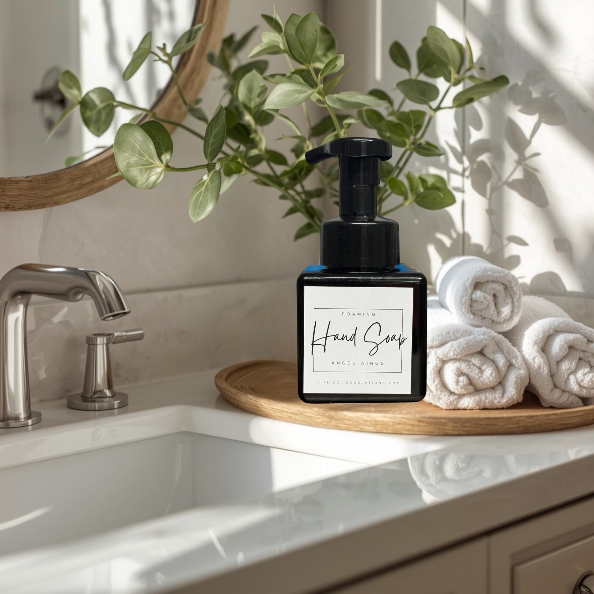 Doodlations Coffee Bar & Boutique Angel Wings foaming hand soap in a black bottle with a white label.