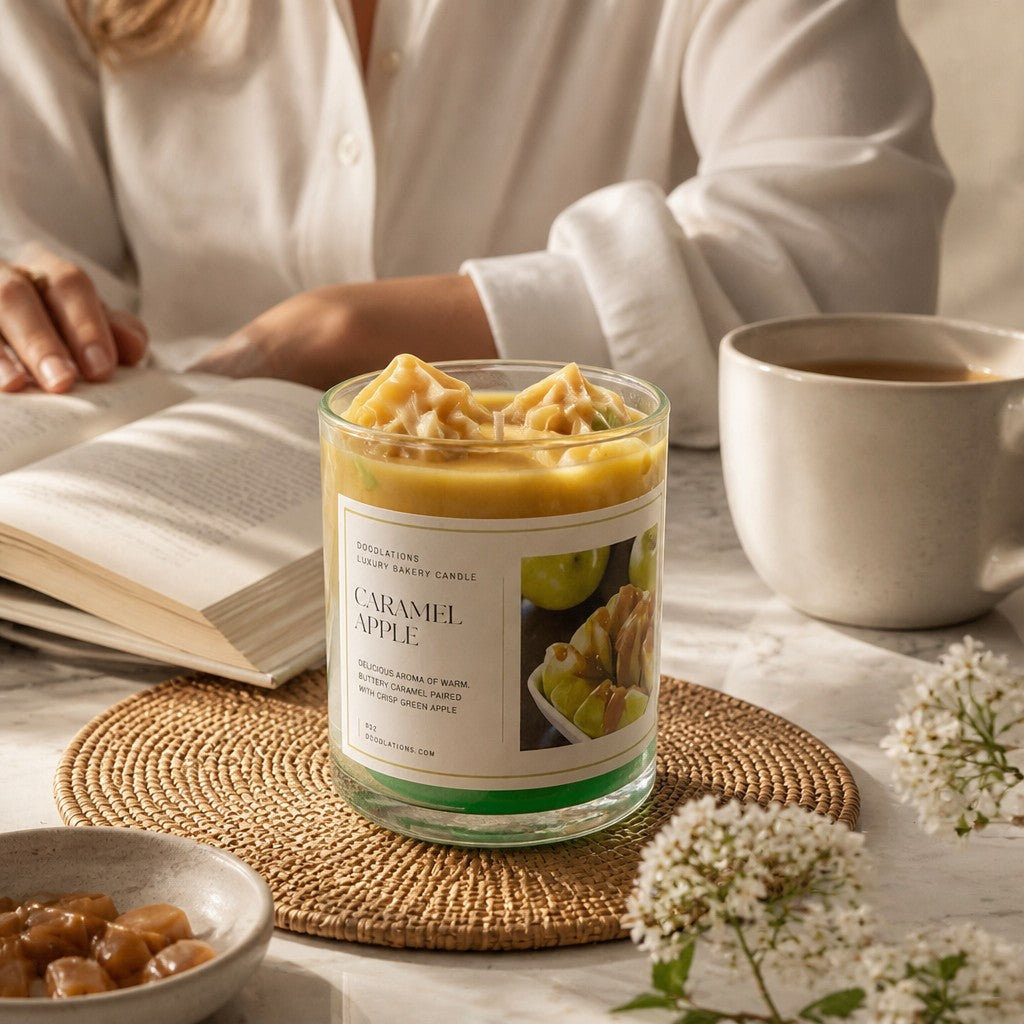 Doodlations Coffee Bar & Boutique Apple Caramel luxury candle with wax apple toppers on a woven mat next to a book.