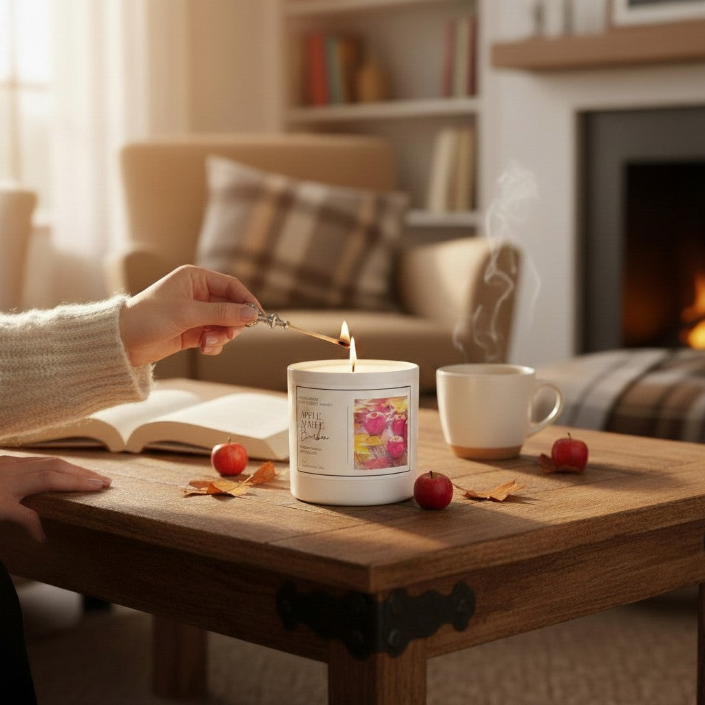 Doodlations Coffee Bar & Boutique Apple & Maple Bourbon candle being lit on a wooden table in a cozy living room.