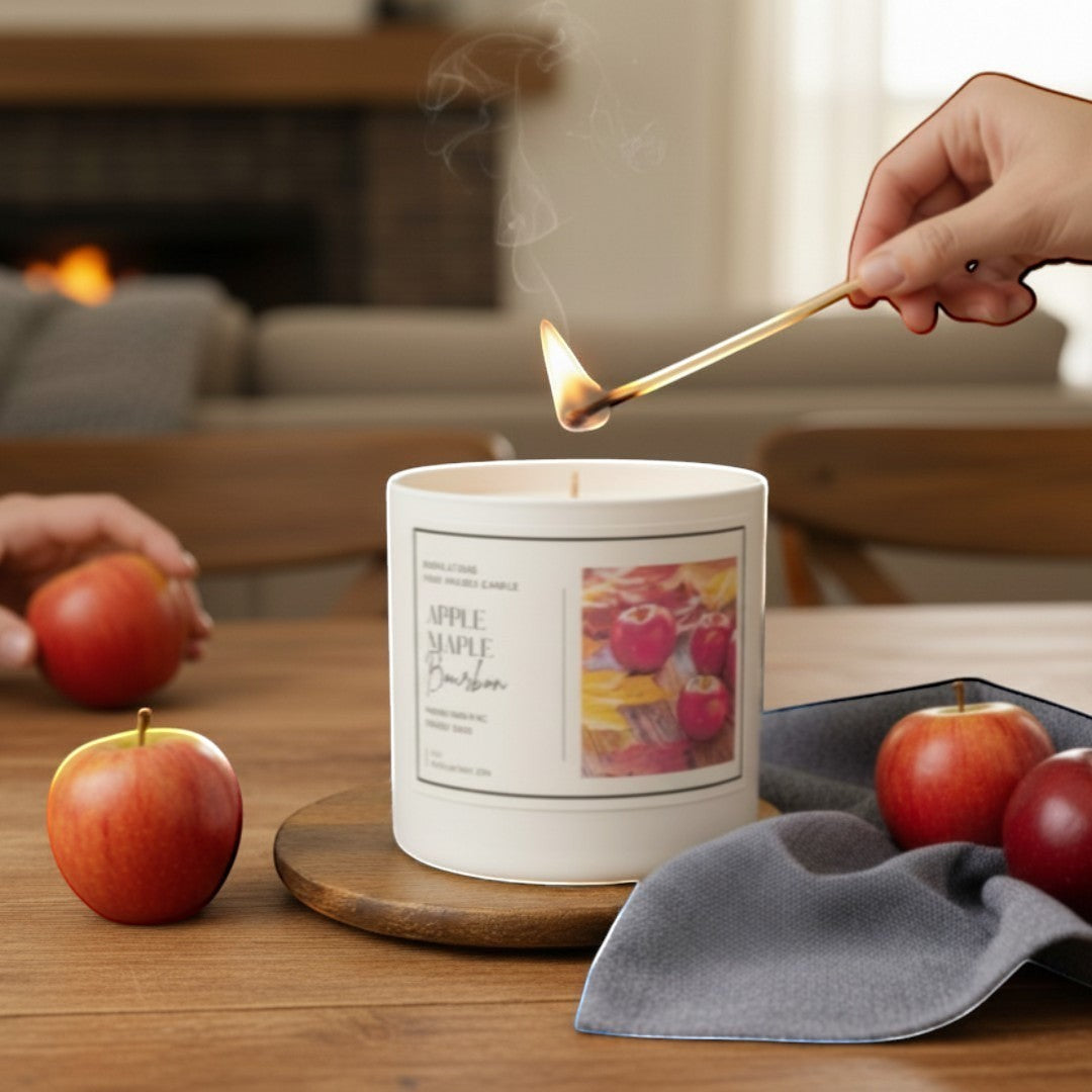 Doodlations Coffee Bar & Boutique Apple Maple Bourbon candle, a white jar with a label featuring apples and autumn leaves, being lit.