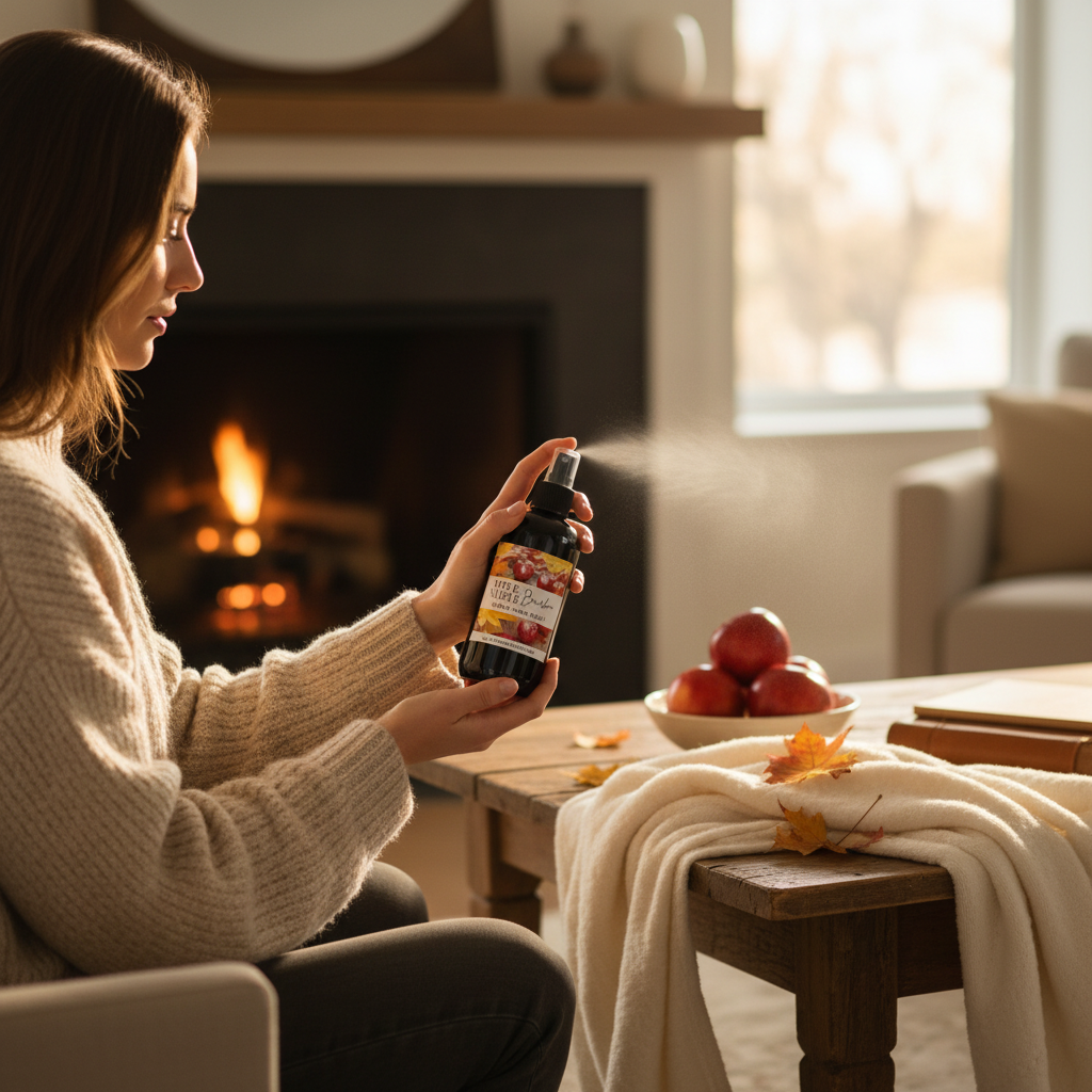 Woman in cozy sweater using Doodlations Coffee Bar & Boutique Apple & Maple Bourbon room and linen spray in living room