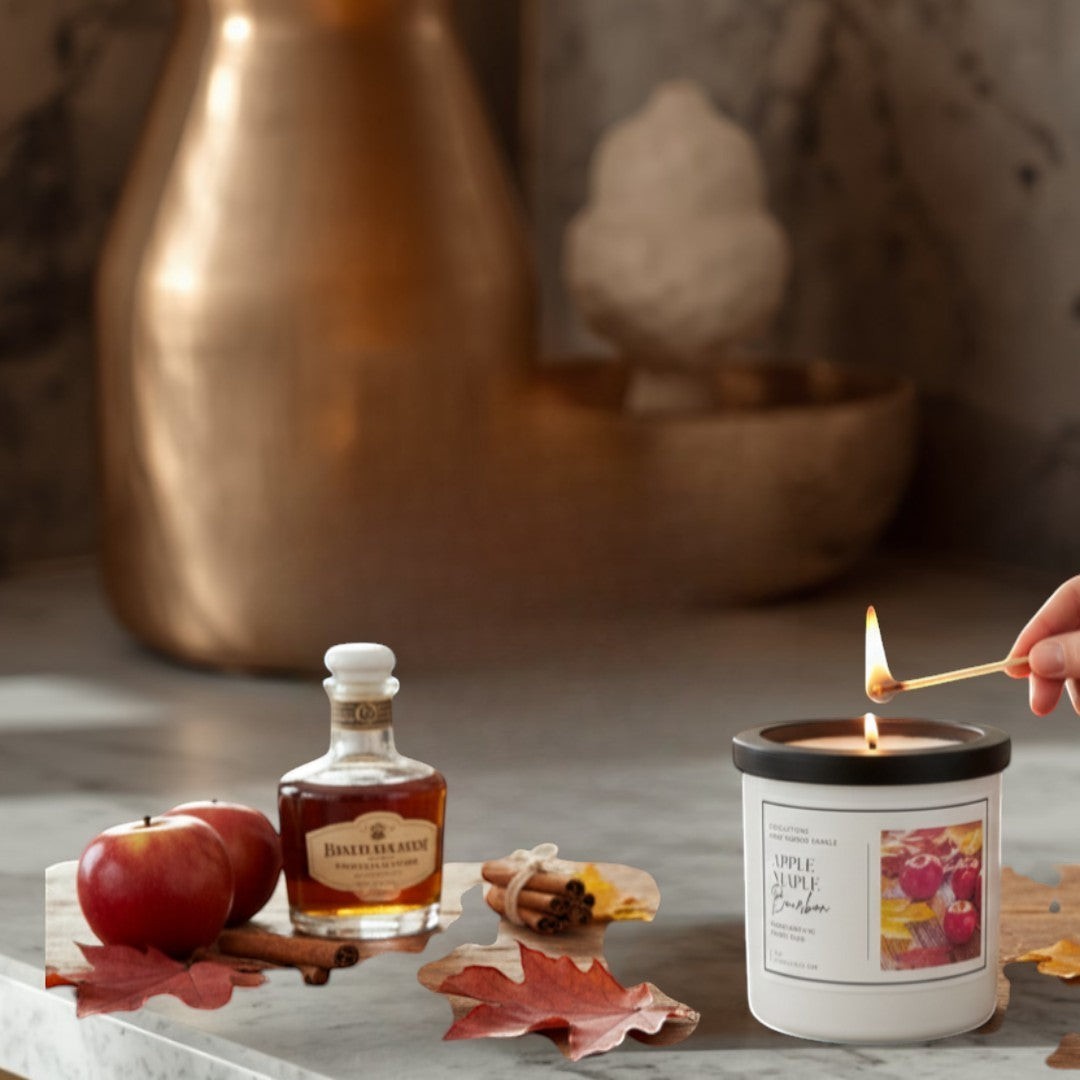 Doodlations Coffee Bar & Boutique Apples & Maple Bourbon scented candle, hand-poured with para-soy wax. Autumnal decor.