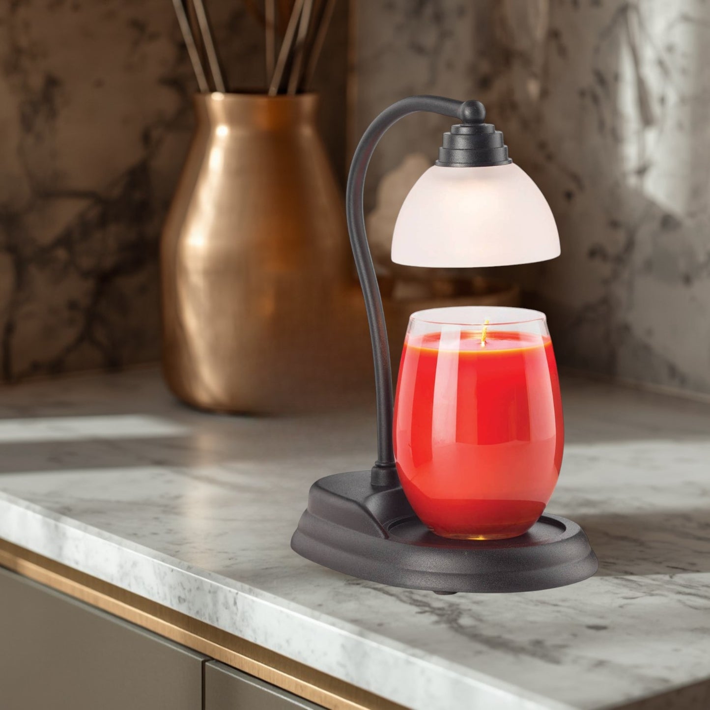 Doodlations Aurora black candle warmer lamp with frosted shade and red candle.