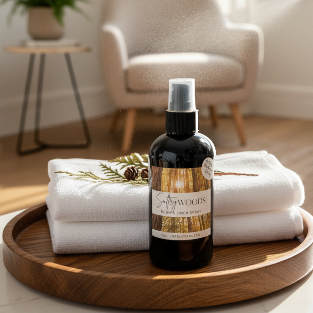 Doodlations Coffee Bar & Boutique Autumn Flannel room and linen spray bottle misting over folded white towels on a tray