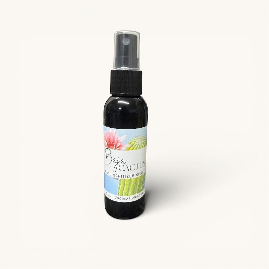 Doodlations Coffee Bar & Boutique Baja Cactus hand sanitizer spray bottle with pink flower and cactus illustration.