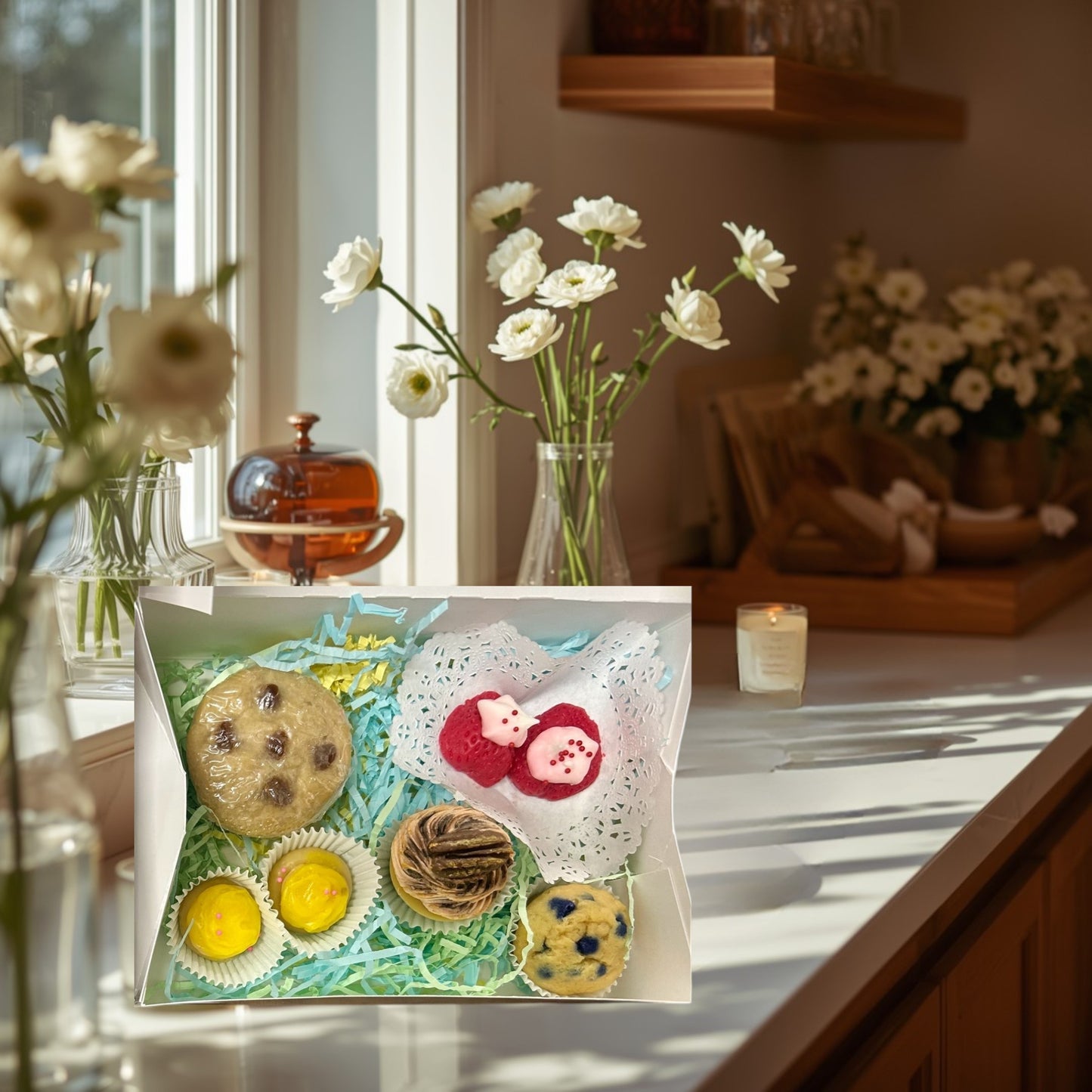 Doodlations Coffee Bar & Boutique Bakery Sampler Wax Melts, assorted realistic bakery shapes and scents, including cookies and cupcakes.