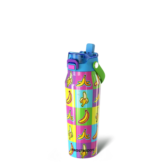Doodlations Coffee Bar & Boutique 24oz Bottle Buddy water bottle with colorful banana print, blue lid, and green strap.