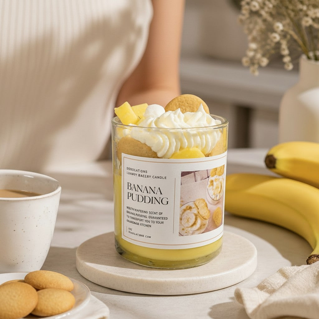 Doodlations Coffee Bar & Boutique banana pudding candle with whipped wax topping and vanilla wafer accents on a table.