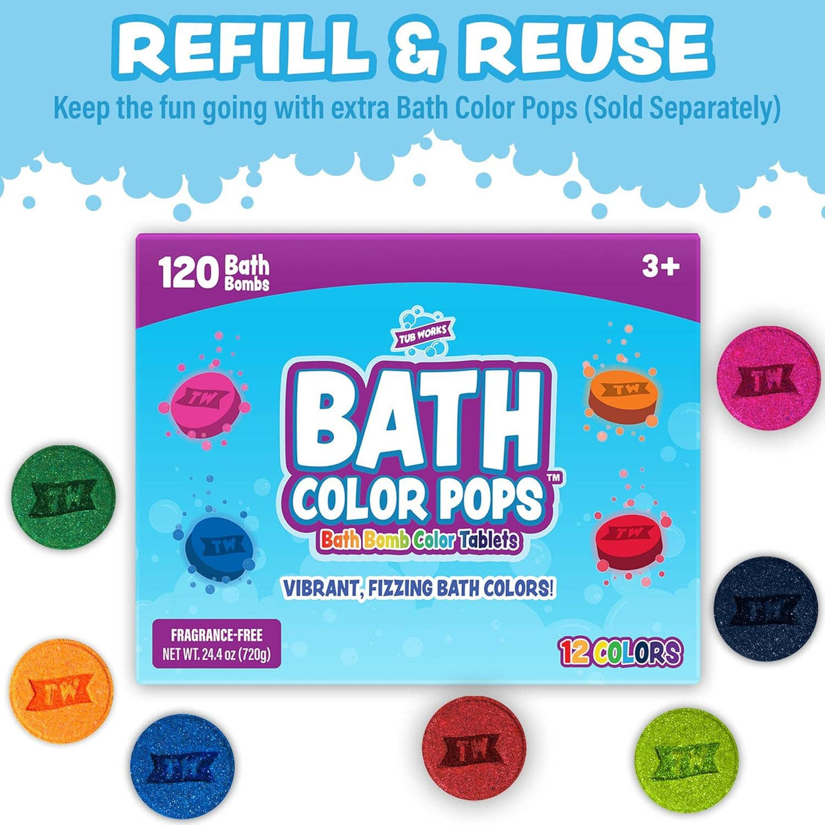 Doodlations Coffee Bar & Boutique Tub Works Bath Color Pops set with 120 colorful fizzing bath bomb tablets for kids.