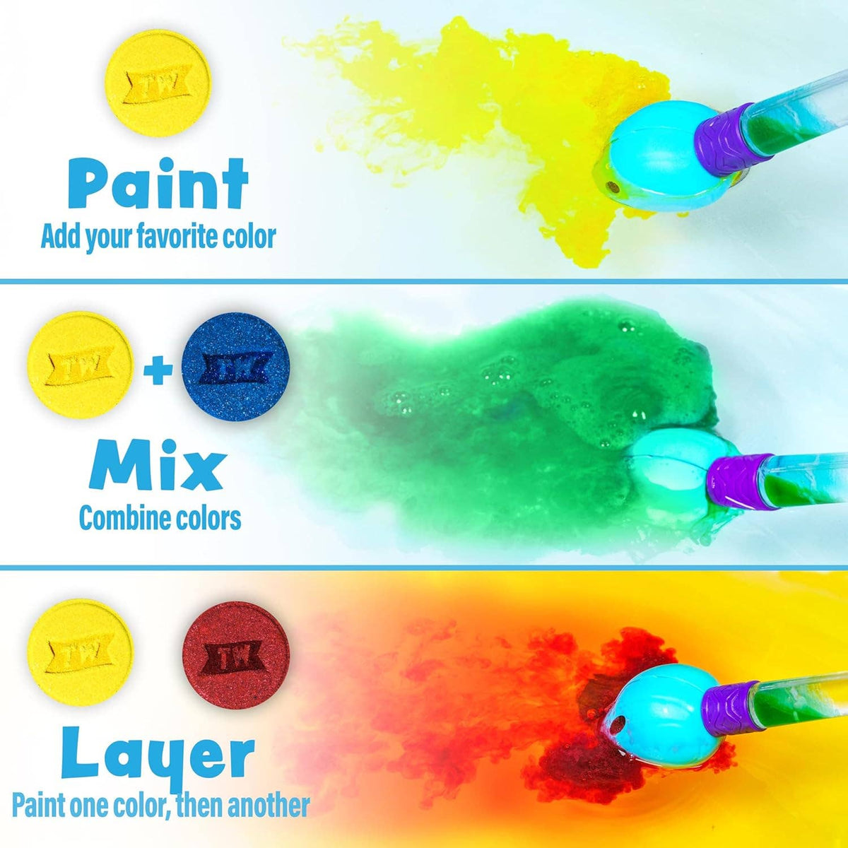 Doodlations Coffee Bar & Boutique Tub Works Bath Color Brush set showing how to paint, mix, and layer bath bomb colors