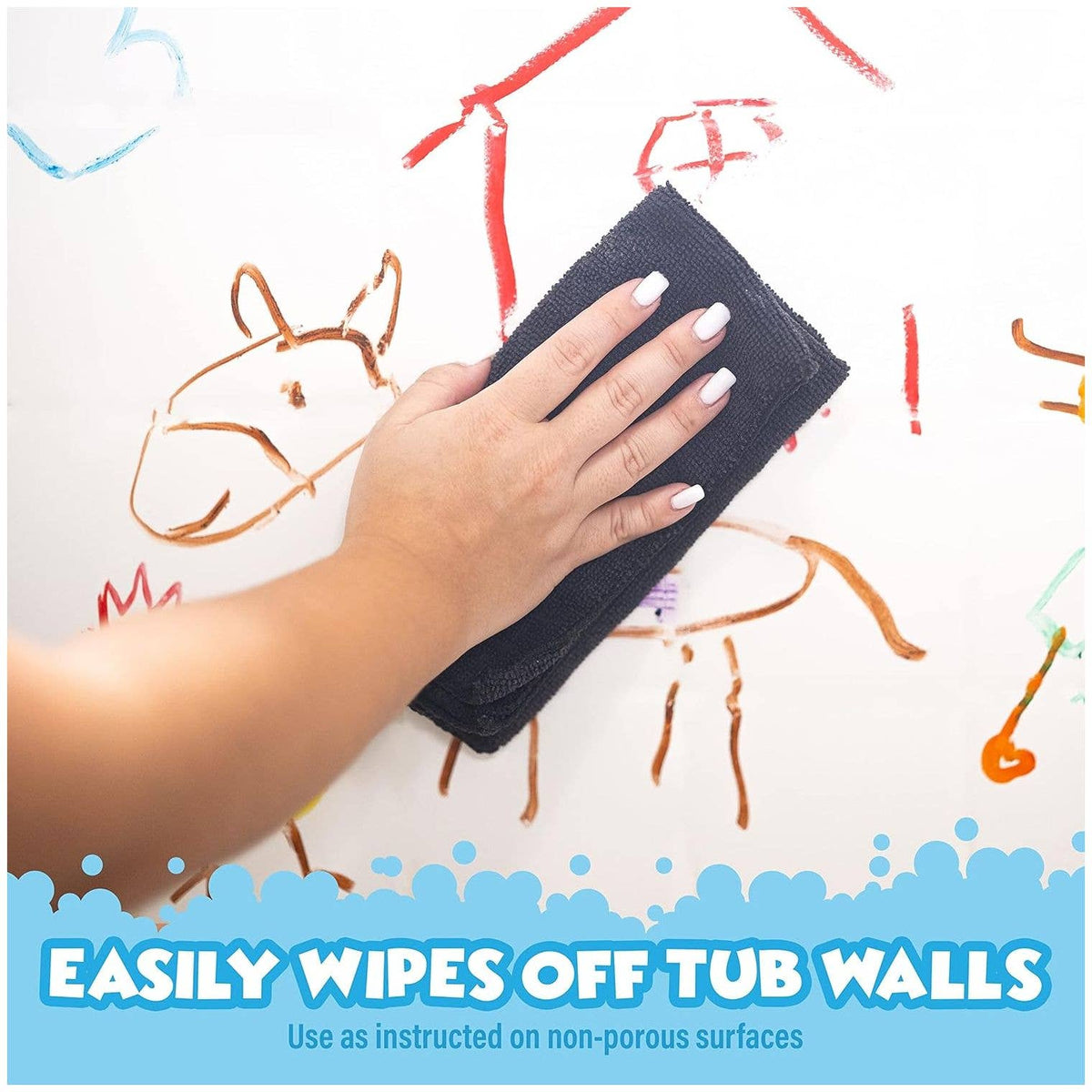 Doodlations Coffee Bar & Boutique Tub Works bath paint sticks being wiped off a white tub wall with a grey cloth