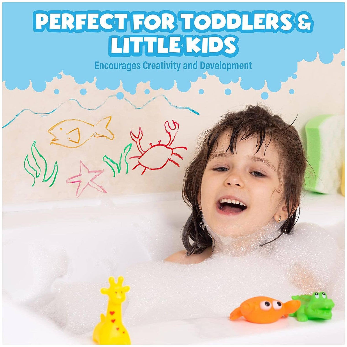 Doodlations Coffee Bar & Boutique bath paint sticks used by a happy child drawing on a bathtub wall with sea creatures
