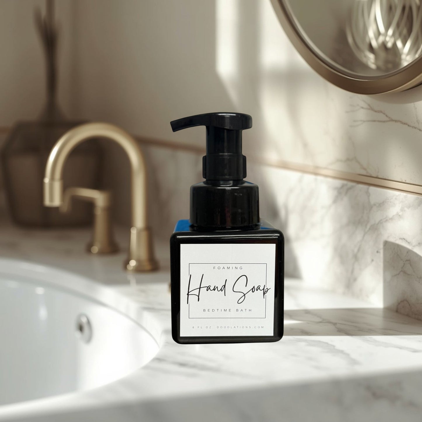 Doodlations Coffee Bar & Boutique Bedtime Bath foaming hand soap in a black square bottle with a white label.