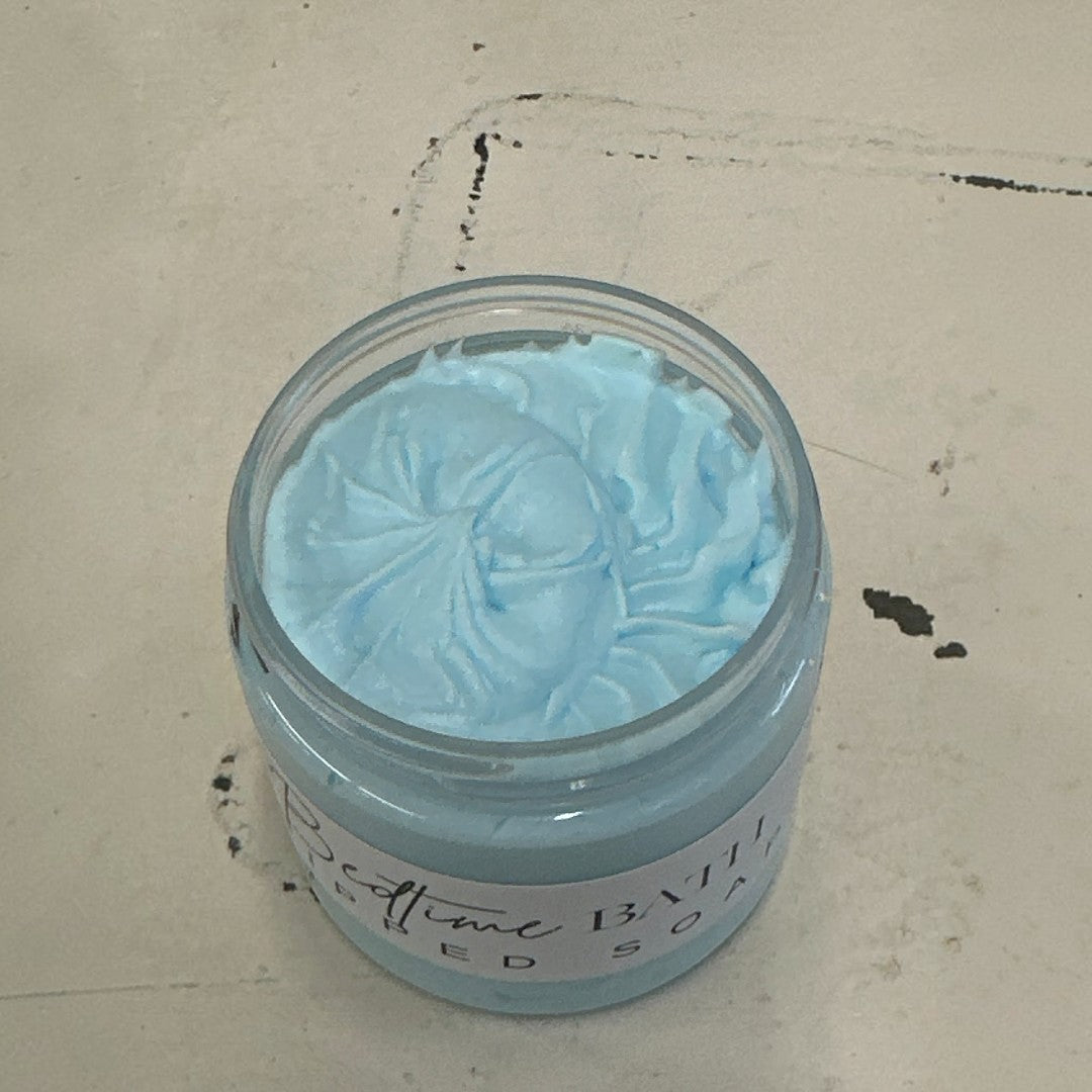 Doodlations Coffee Bar & Boutique Bedtime Bath whipped soap in a 4 oz jar with a light blue, fluffy, creamy texture.