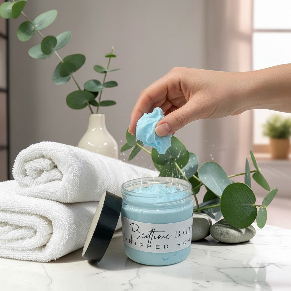 Doodlations Coffee Bar & Boutique Bedtime Bath Whipped Soap in a blue jar with a hand scooping the light blue cream.