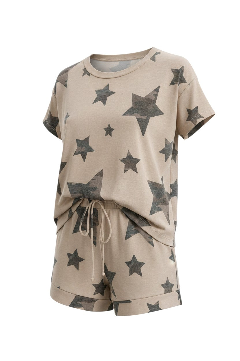 Doodlations Coffee Bar & Boutique beige lounge set with camouflage star print, featuring a relaxed-fit t-shirt and drawstring shorts.