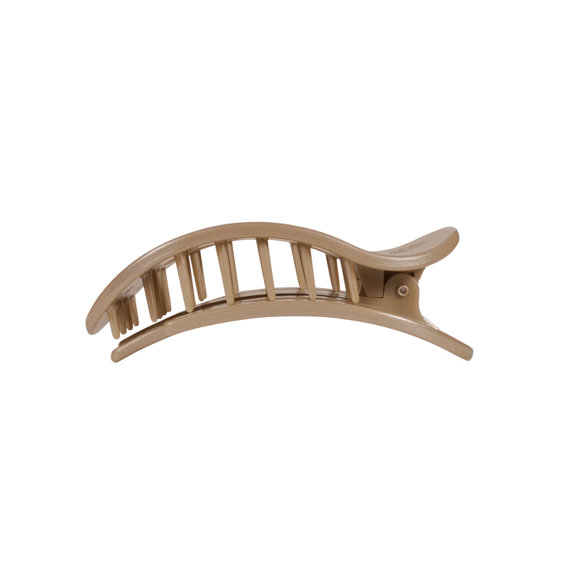 Doodlations Coffee Bar & Boutique tan flat round hair clip with flexible teeth for a comfortable, secure hold.