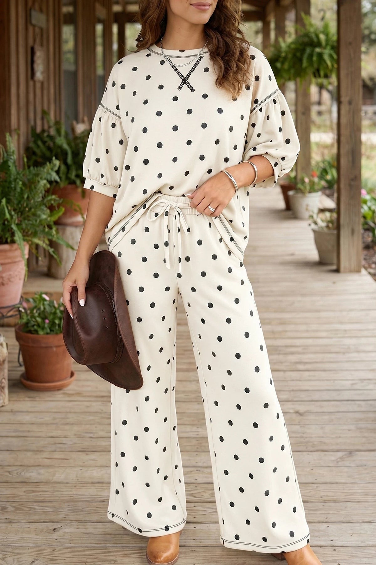 Doodlations Coffee Bar & Boutique beige polka dot lounge set with half-sleeve top and elastic waist wide-leg pants