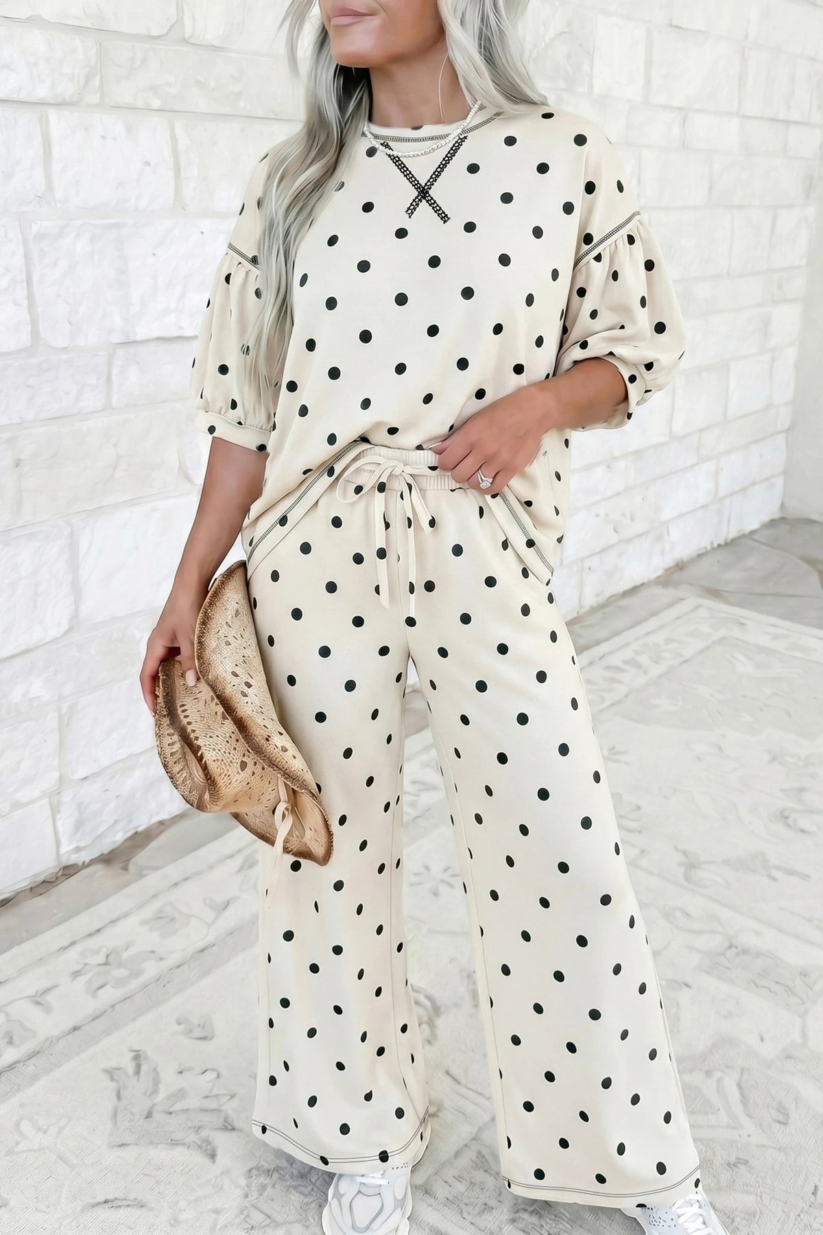 Doodlations Coffee Bar & Boutique beige polka dot lounge set with half-sleeve top and elastic waist wide-leg pants