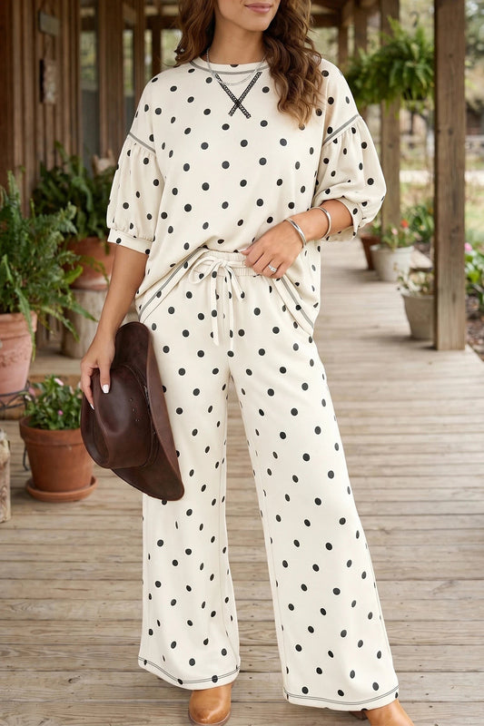Doodlations Coffee Bar & Boutique beige polka dot lounge set with half sleeve top and elastic waist wide leg pants