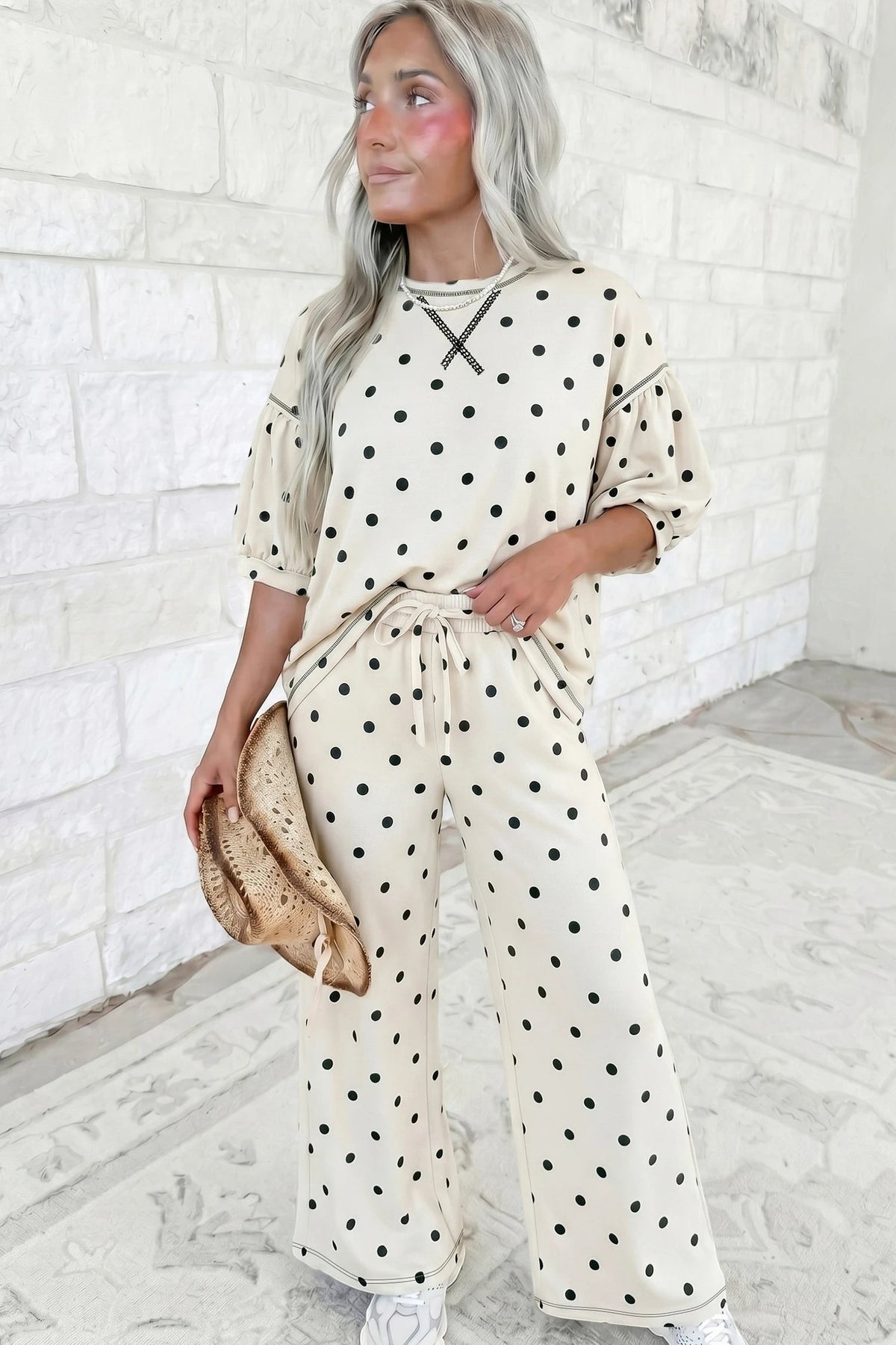 Doodlations Coffee Bar & Boutique beige polka dot two-piece set with half-sleeve top and elastic waist pants