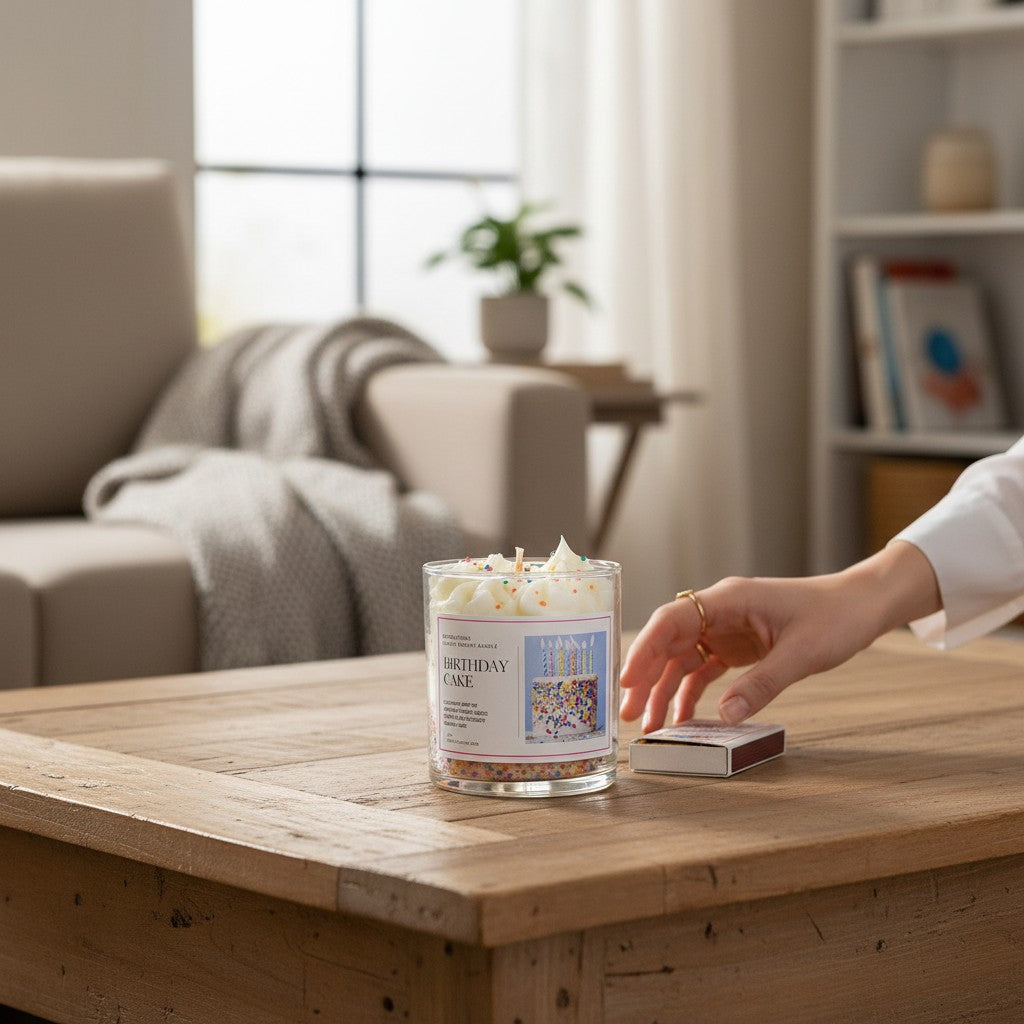 Doodlations Coffee Bar & Boutique Birthday Cake candle with frosting-like wax and sprinkles on a wooden table.