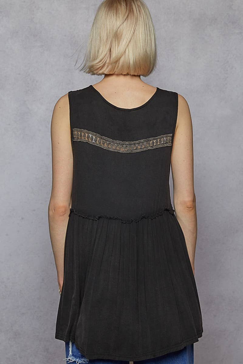 Doodlations Coffee Bar & Boutique black sleeveless babydoll top with lace trim and ruffle detail on the back yoke