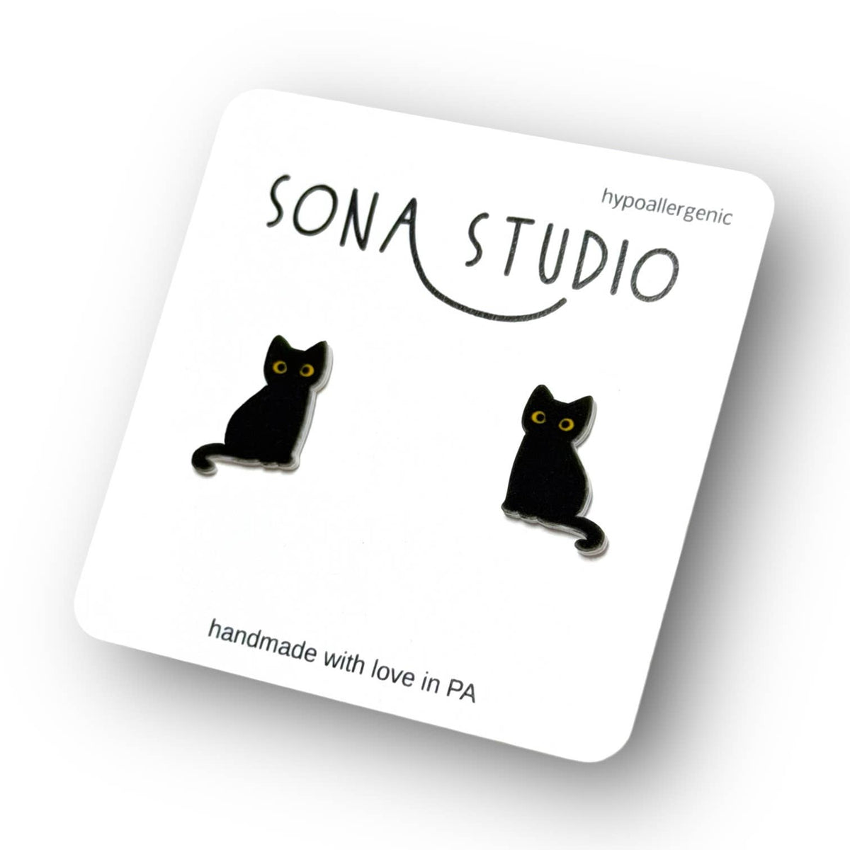 Doodlations Coffee Bar & Boutique handcrafted black cat stud earrings with hypoallergenic stainless steel posts