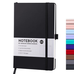 Doodlations Coffee Bar & Boutique A5 black hardcover dotted notebook with elastic closure and pen loop
