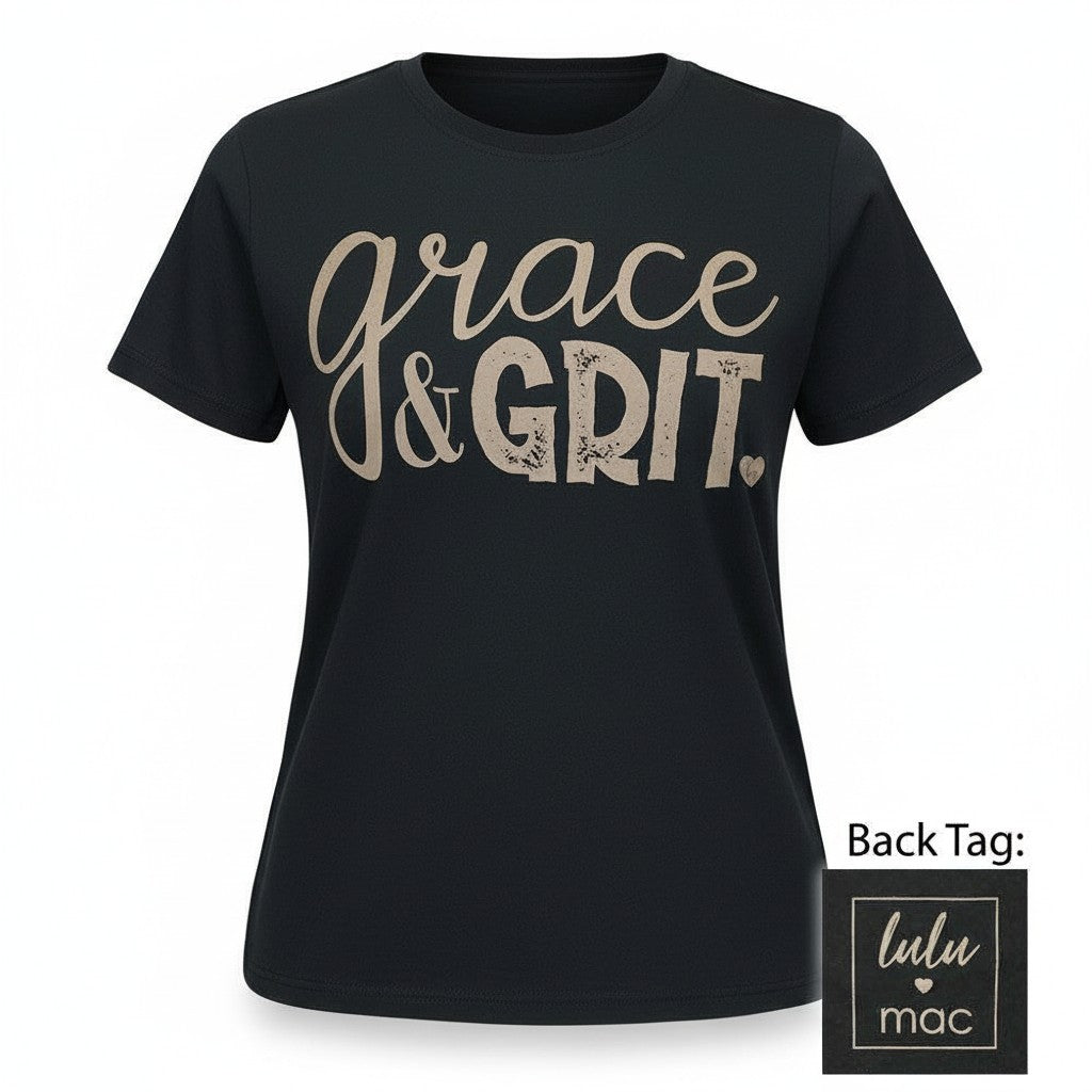 Doodlations Coffee Bar & Boutique black Lulu Mac t-shirt with beige Grace & Grit graphic and small heart detail