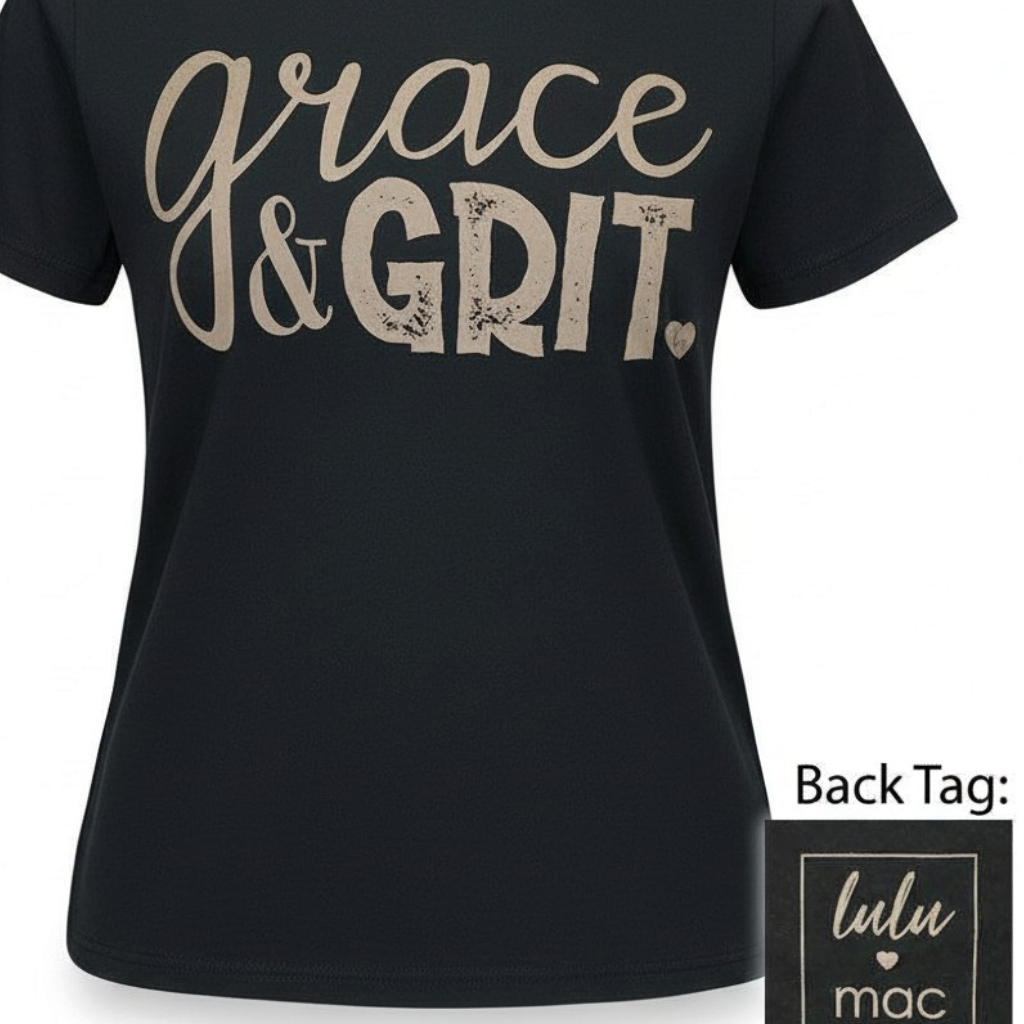 Doodlations Coffee Bar & Boutique black Lulu Mac Grace and Grit graphic t-shirt with beige lettering