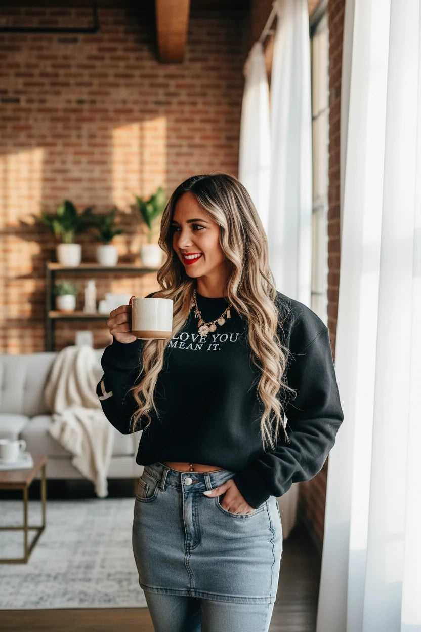 Doodlations Coffee Bar & Boutique black graphic pullover sweatshirt with Love You Mean It text worn by a woman