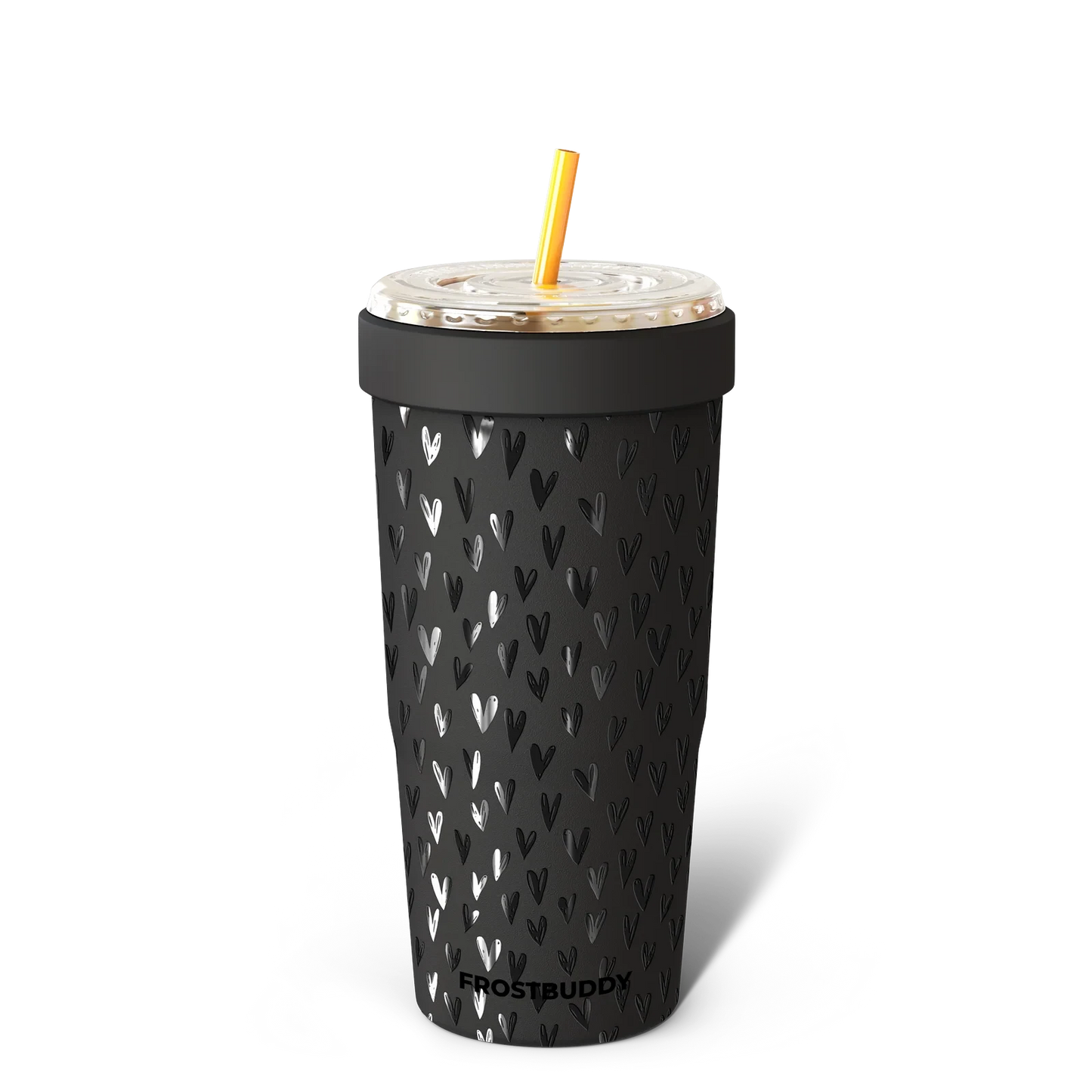 Doodlations Coffee Bar & Boutique black stainless steel tumbler with silver heart pattern and yellow straw. 32oz.
