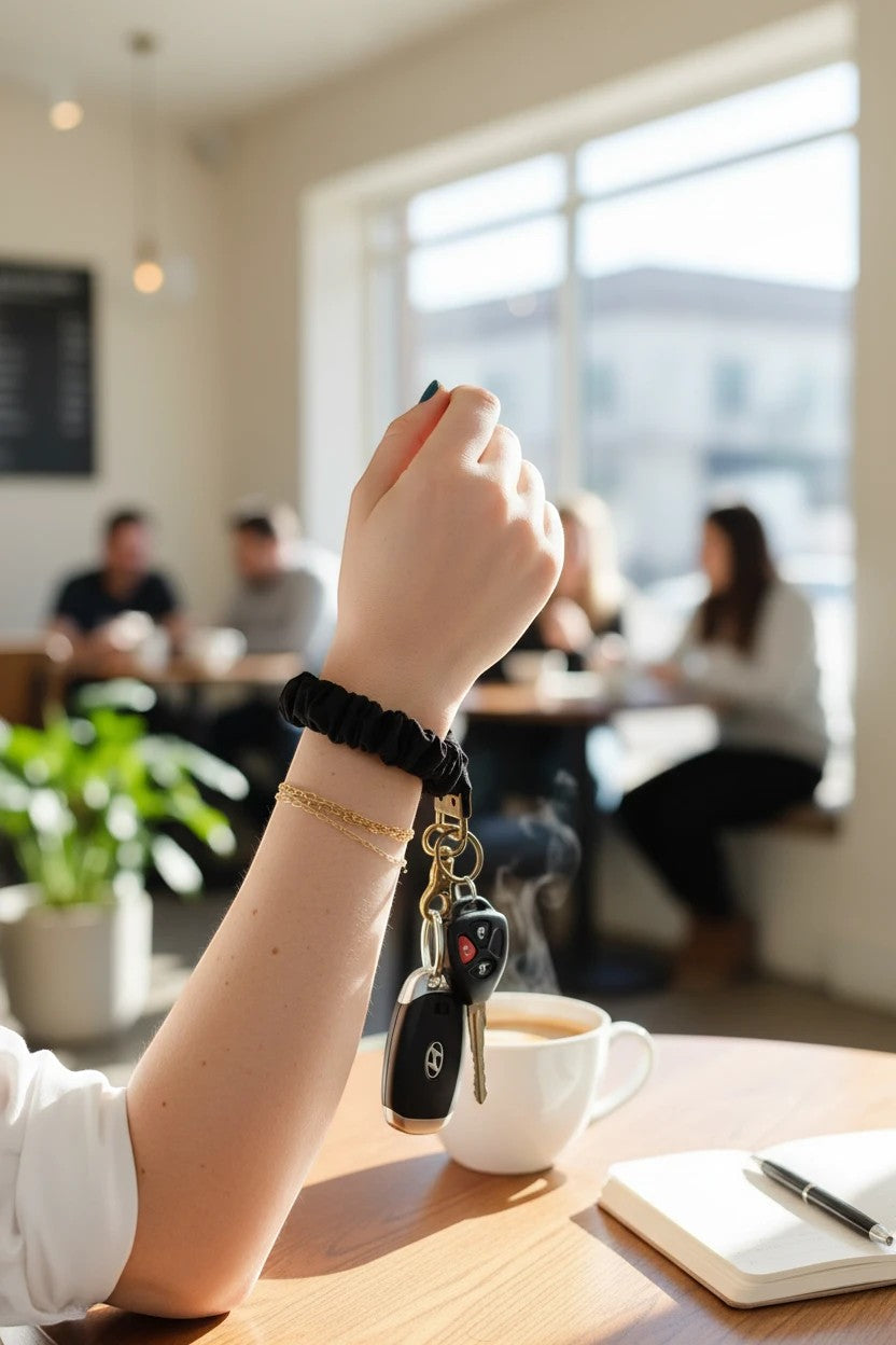 Doodlations Coffee Bar & Boutique black luxe satin scrunchie keychain worn on a wrist in a cafe setting.