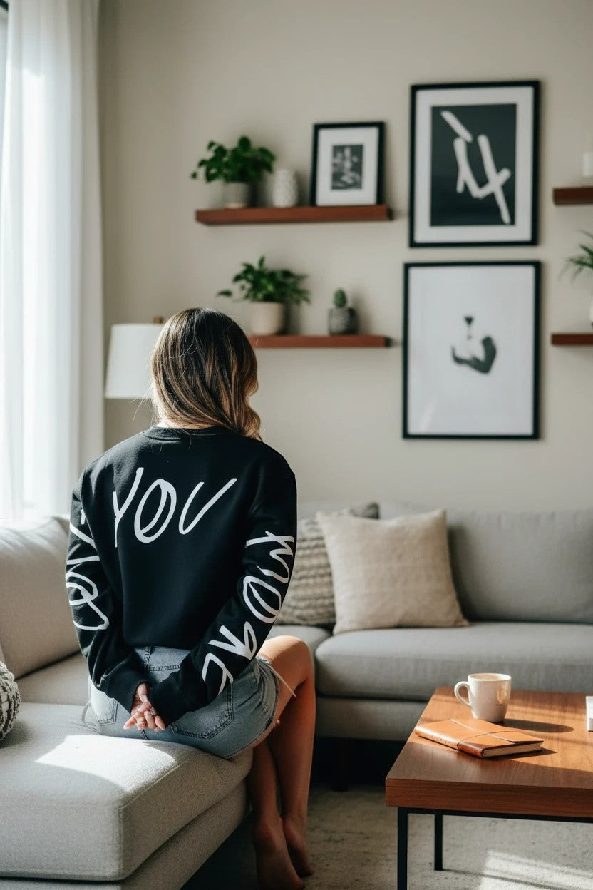 Doodlations Coffee Bar & Boutique black pullover sweatshirt with white script lettering on back and sleeves