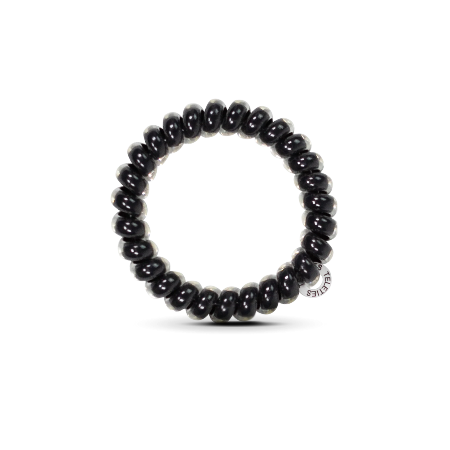 Doodlations Coffee Bar & Boutique jet black spiral hair tie with a strong grip, designed to prevent hair breakage.