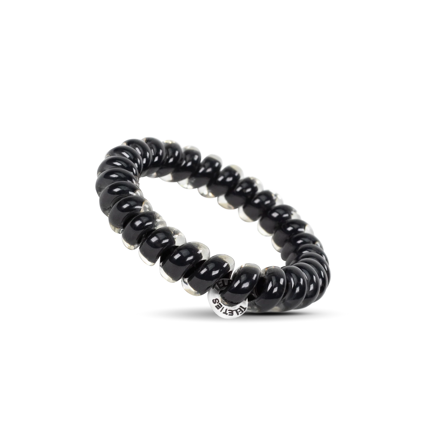 Doodlations Coffee Bar & Boutique jet black spiral hair tie with a strong grip design on a black background