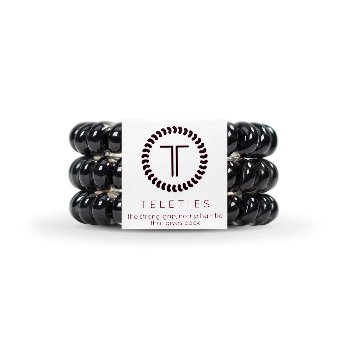 Doodlations Coffee Bar & Boutique pack of three jet black spiral hair ties with a strong grip, no-rip design.