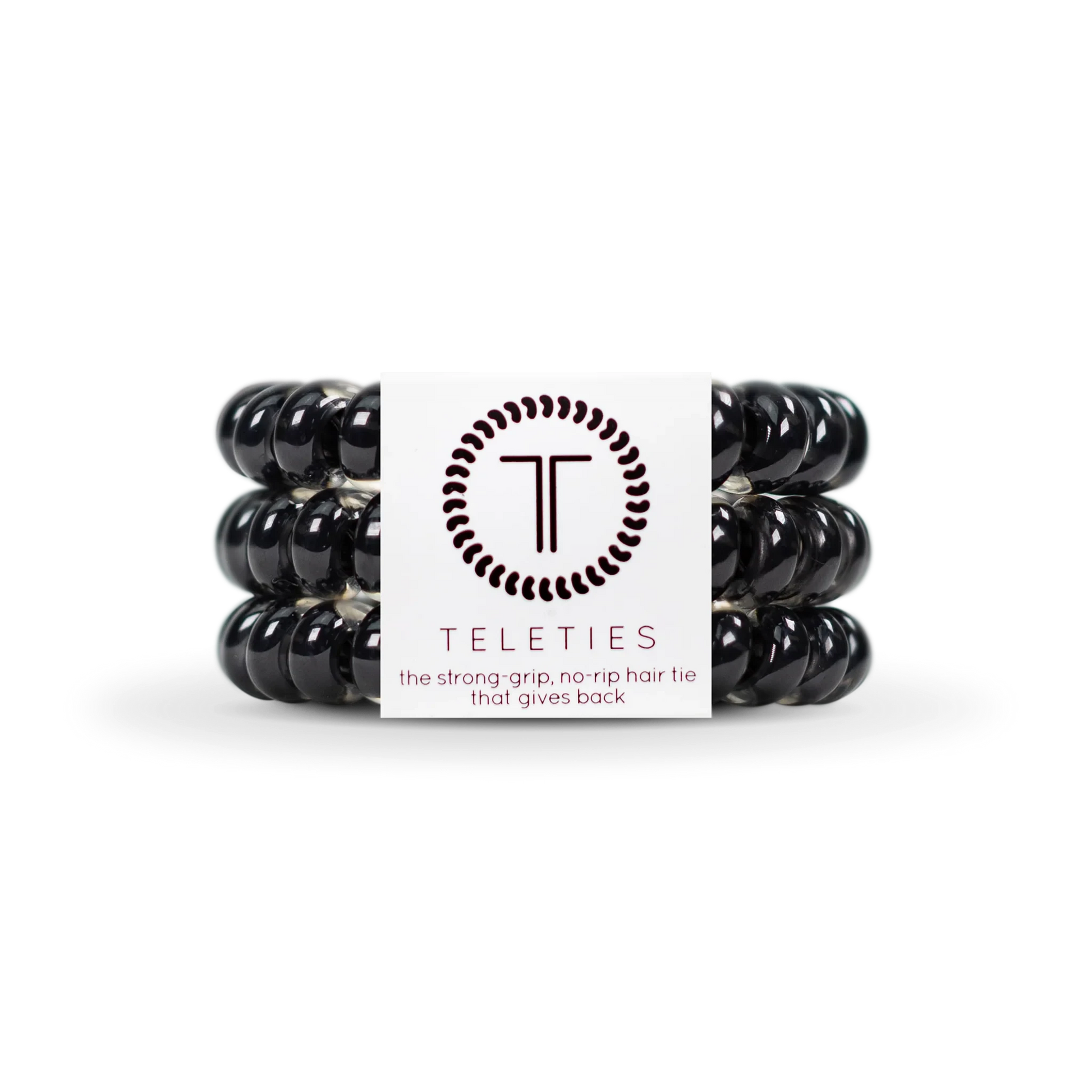 Doodlations Coffee Bar & Boutique pack of three jet black spiral hair ties with a strong grip, no-rip design.