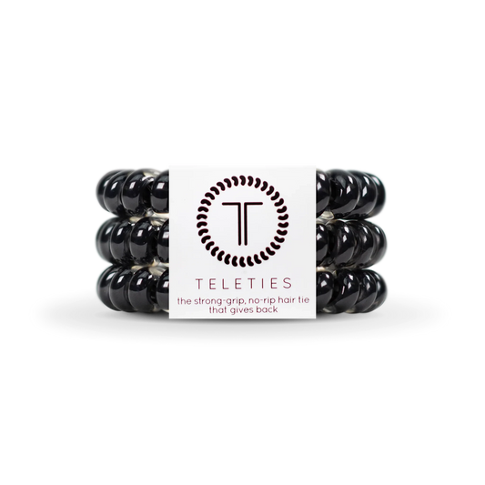 Doodlations Coffee Bar & Boutique pack of three jet black spiral hair ties with a strong grip, no-rip design.