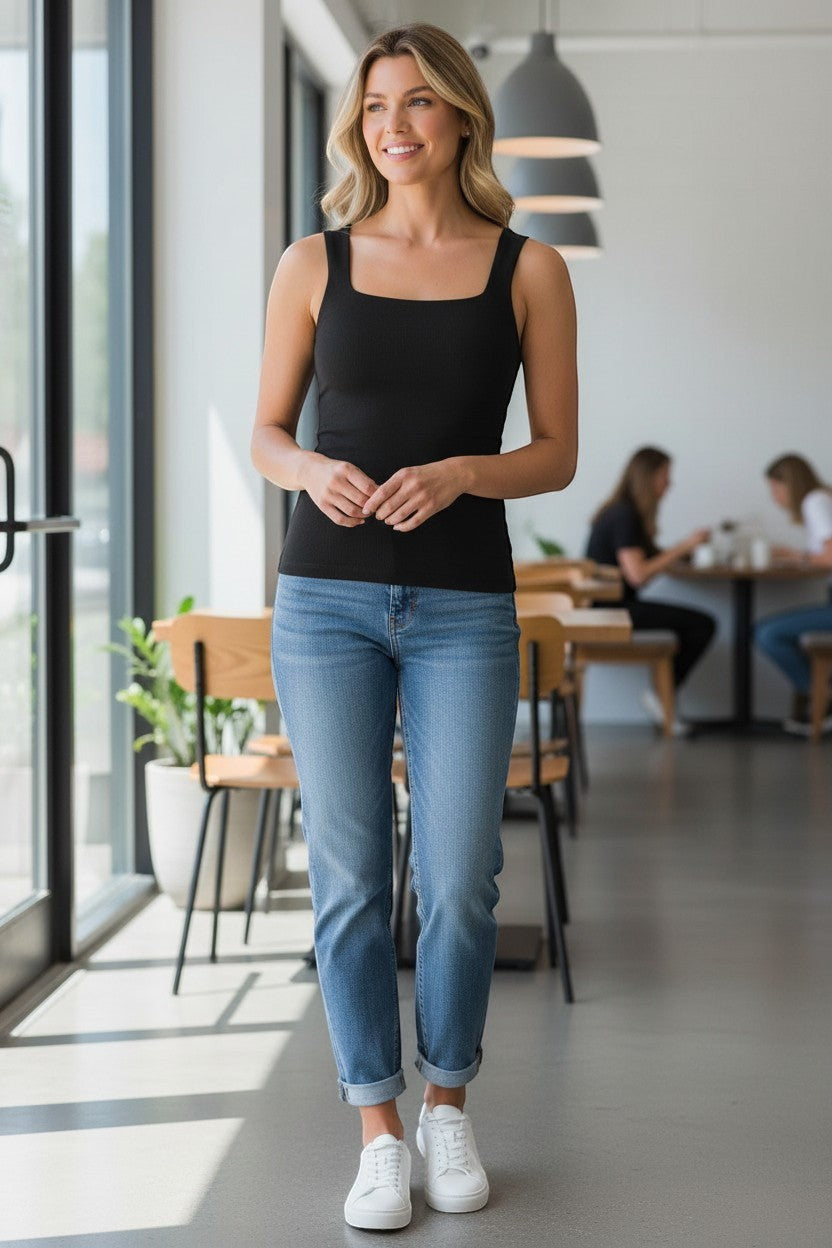 Doodlations Coffee Bar & Boutique black ribbed square neck tank top with a body-hugging fit.