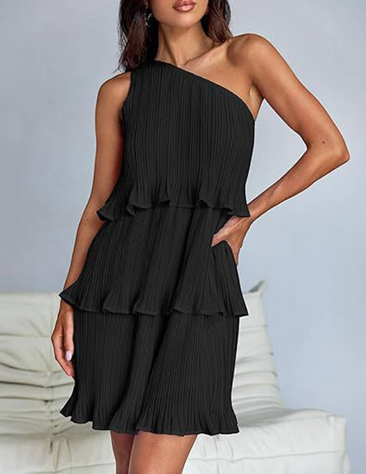 Doodlations Coffee Bar & Boutique black pleated one-shoulder tiered ruffle mini dress
