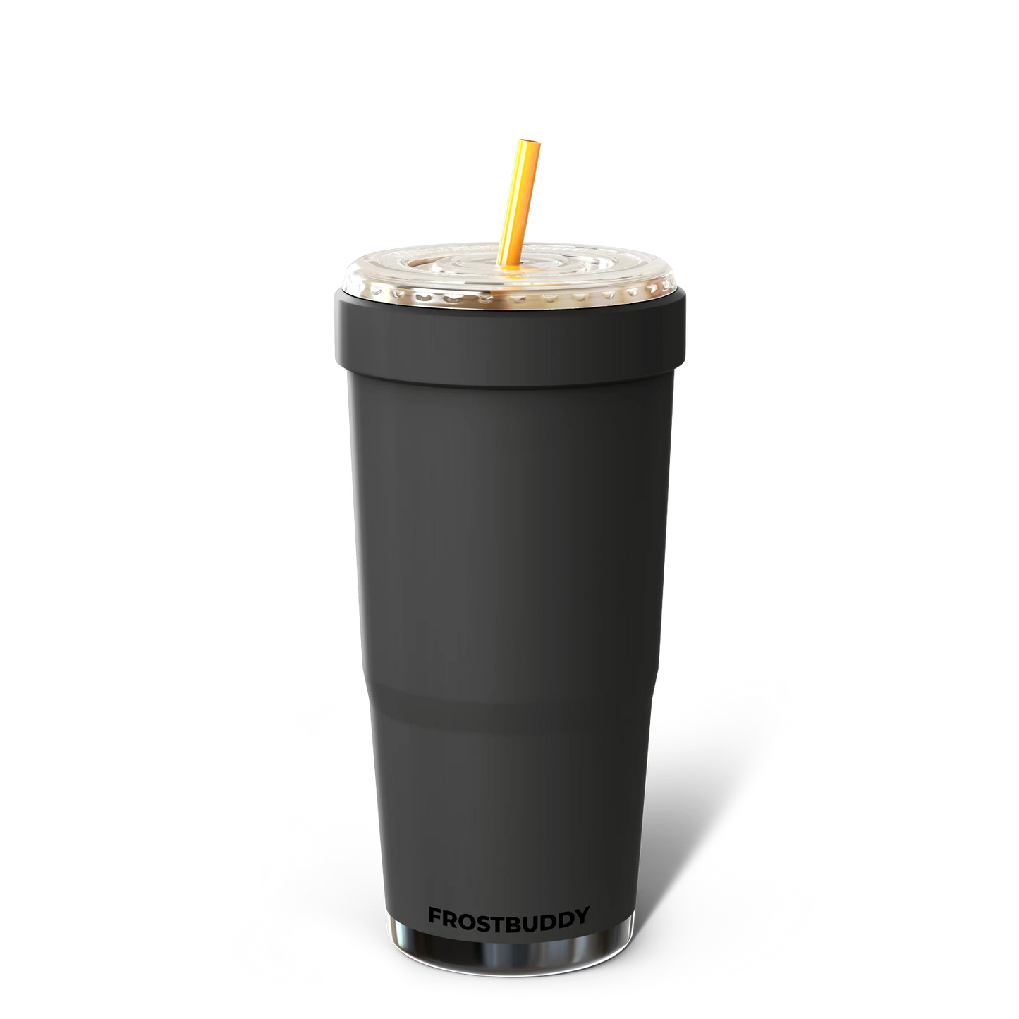 Doodlations Coffee Bar & Boutique black stainless steel tumbler with lid and orange straw. Fits 32oz cups.